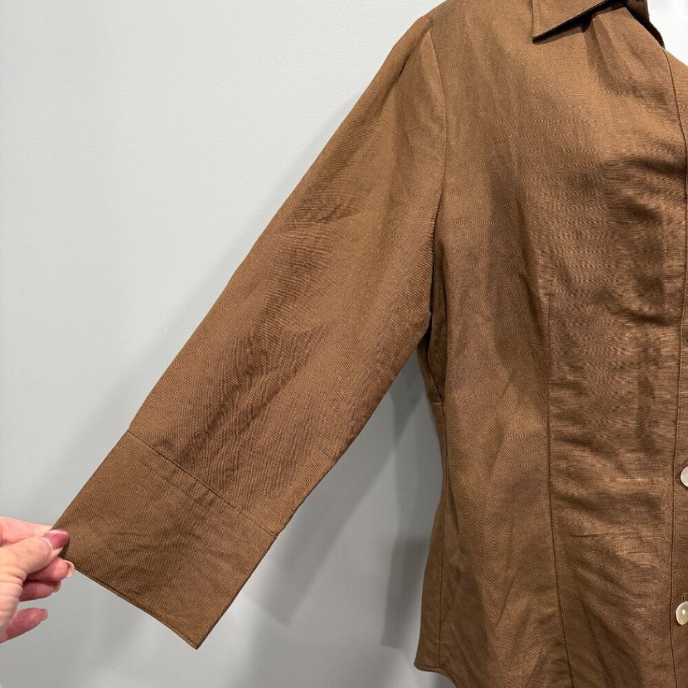 East 5th Linen Blend Lagenlook Minimalist Boho Button Up Blouse Brown Womens M - Picture 3 of 10